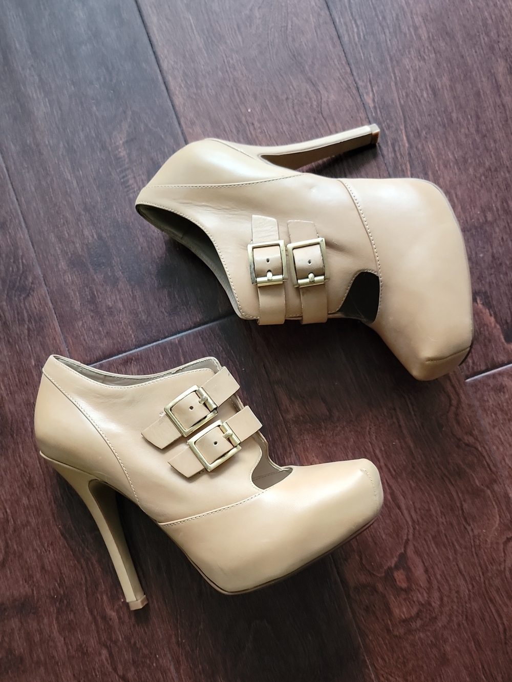 Women’s Beige High Heel Buckle Booties